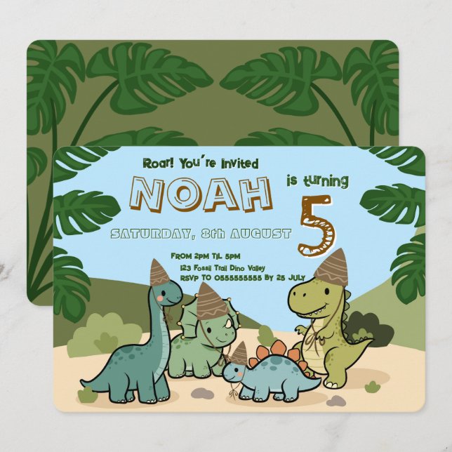 Convite de Aniversário de Dinossauro Fofo | Editáv (Frente/Verso)