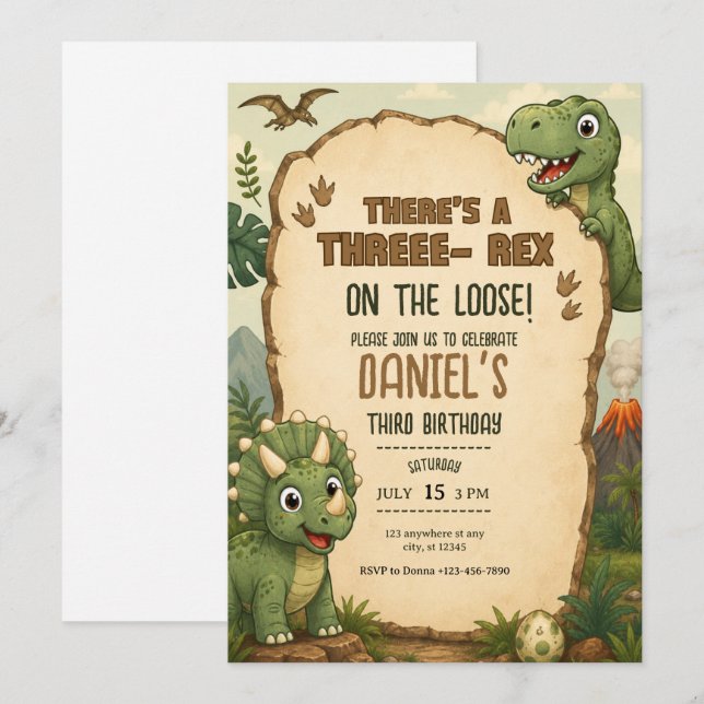 Convite de Aniversário de Dinossauro Fofo para Men (Frente/Verso)