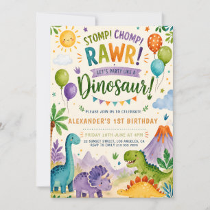 Convite de Aniversário de Dinossauro Fofo para Men
