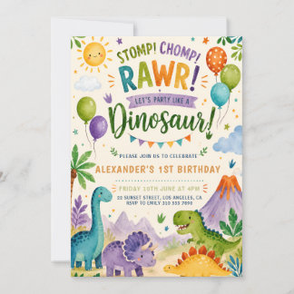 Convite de Aniversário de Dinossauro Fofo para Men