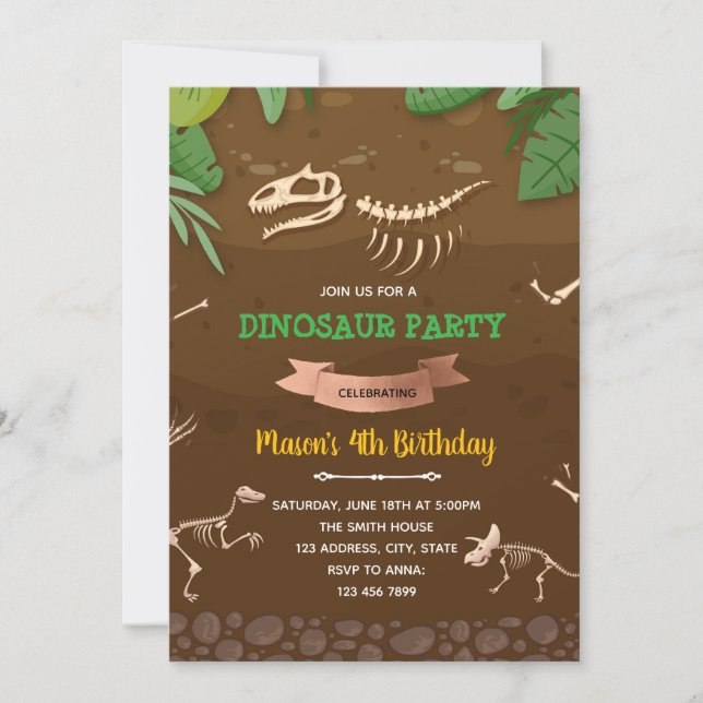 Convite de aniversário de dinossauro fóssil (Frente)