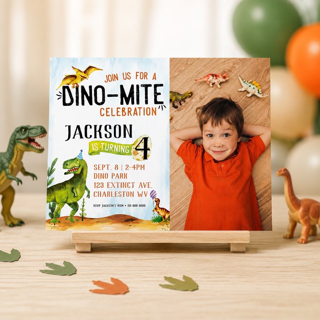 Convite de Aniversário de Dinossauro Foto Dino-Mit (Dinosaur Photo Birthday Invitation)