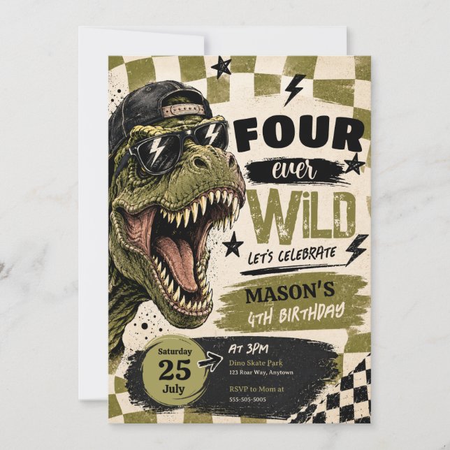 Convite de Aniversário de Dinossauro Four Ever Wil (Frente)