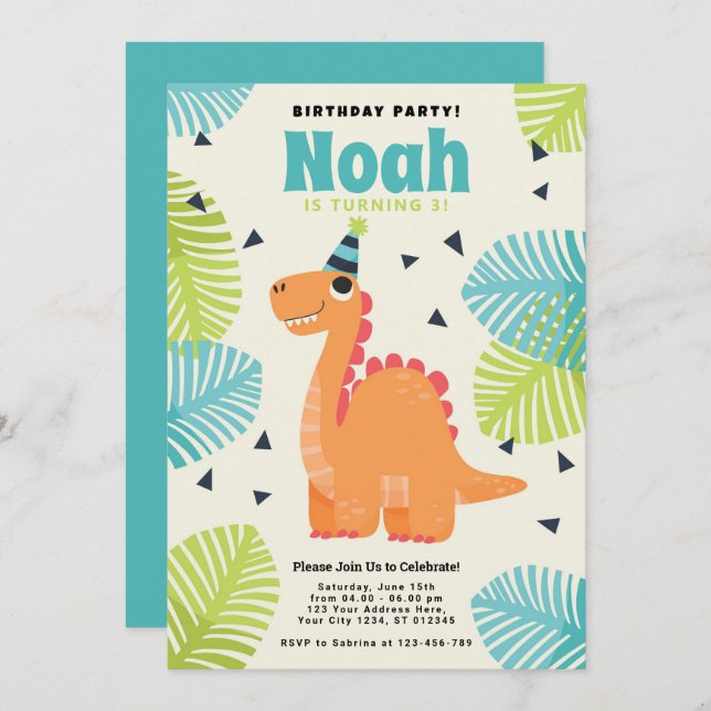 Convite de aniversário de Dinossauro Gelado (Frente/Verso)