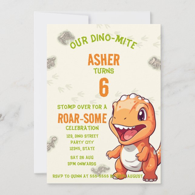 Convite de Aniversário de Dinossauro Laranja Fofo  (Frente)