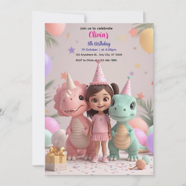 Convite de Aniversário de Dinossauro Menina Fofa – (Frente)