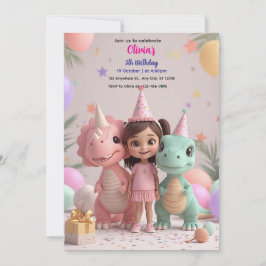 Convite de Aniversário de Dinossauro Menina Fofa –