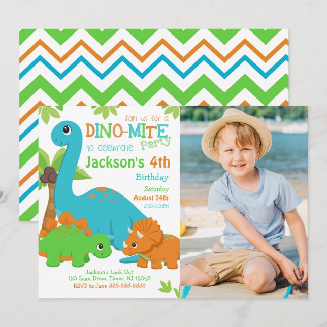 Convite de Aniversário de Dinossauro Menino / Fest (Frente/Verso)