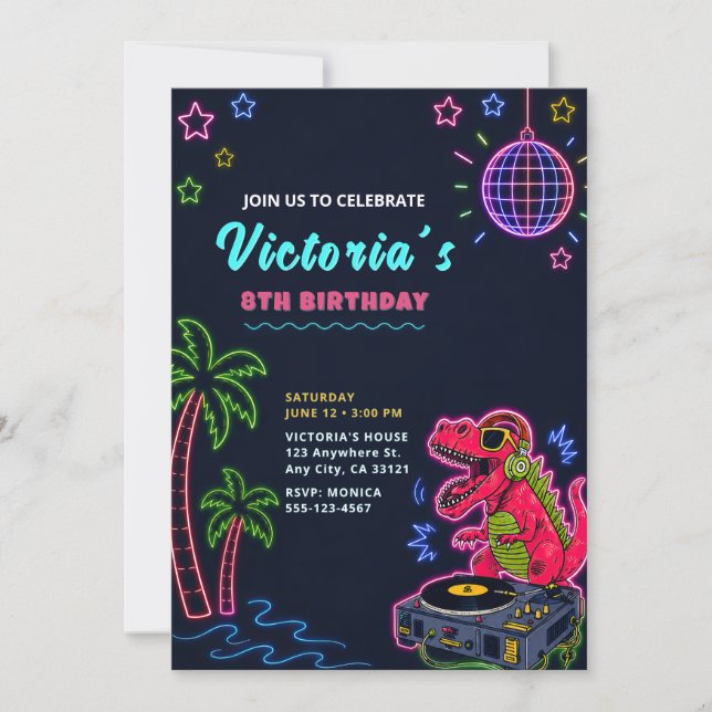 Convite de Aniversário de Dinossauro Neon (Frente)