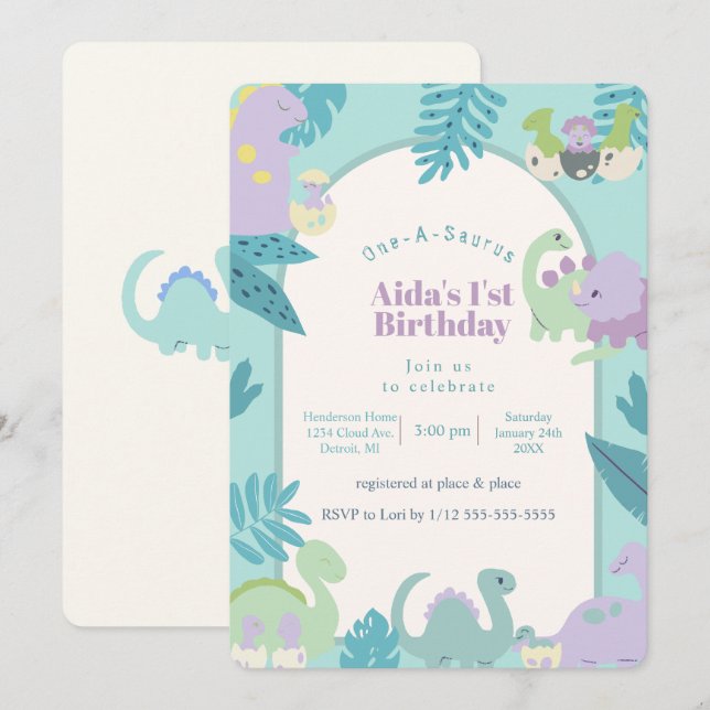convite de aniversário de dinossauro One-A-Saurus (Frente/Verso)
