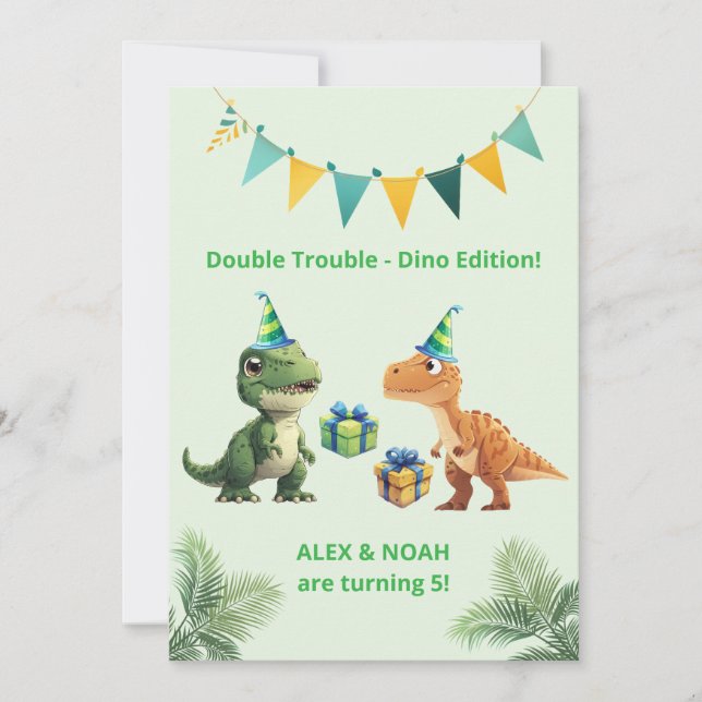 Convite de Aniversário de Dinossauro para Gêmeos D (Frente)