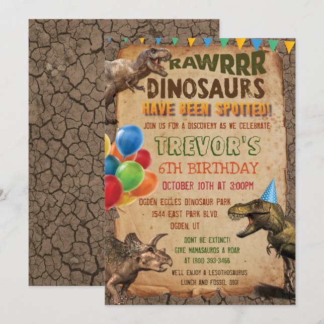 Convite de Aniversário de Dinossauro para QUALQUER (Frente/Verso)