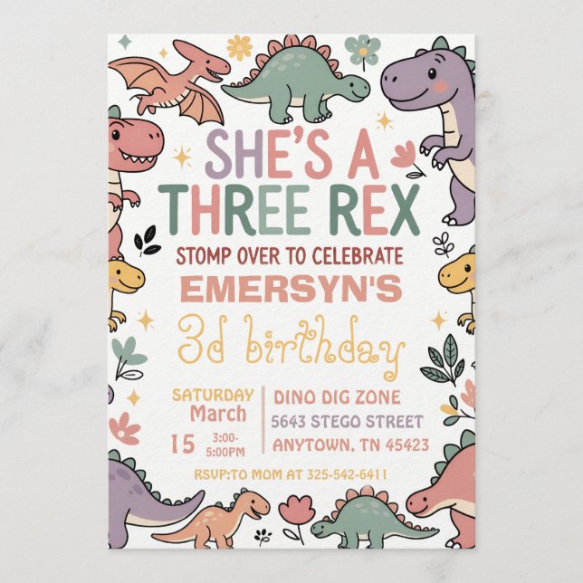 Convite de Aniversário de Dinossauro Pastel (Frente)