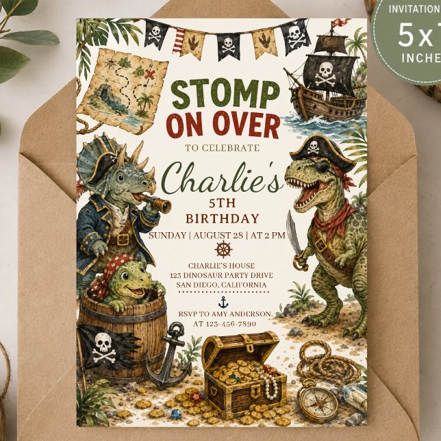 Convite de Aniversário de Dinossauro Pirata (Criador carregado)