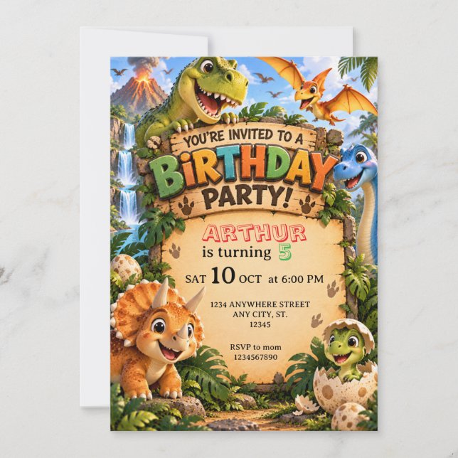 Convite de Aniversário de Dinossauro | Qualquer Id (Frente)