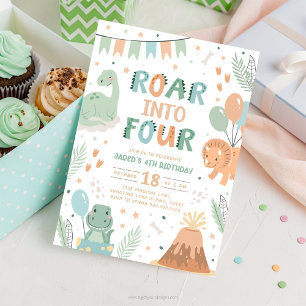 Convite de Aniversário de Dinossauro Quatro. Bebe 