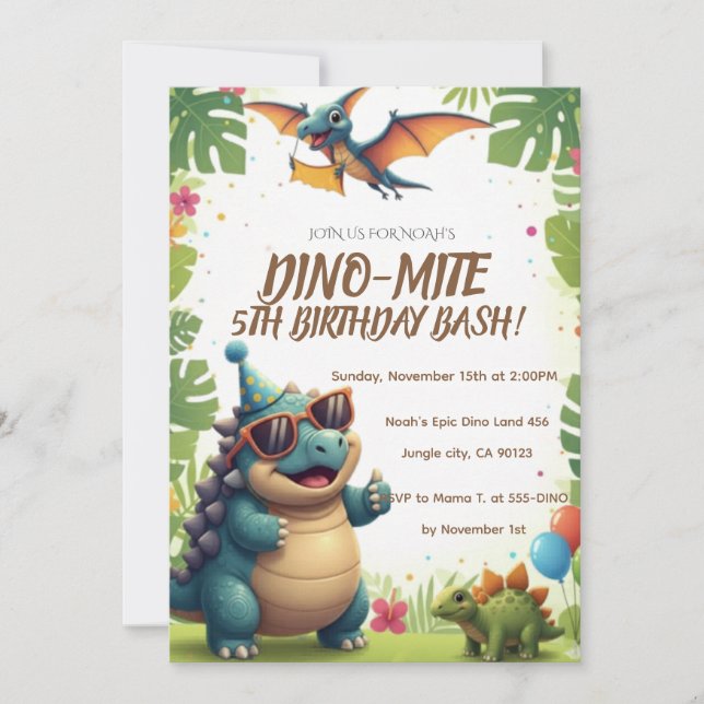 Convite de Aniversário de Dinossauro Roar-some  (Frente)