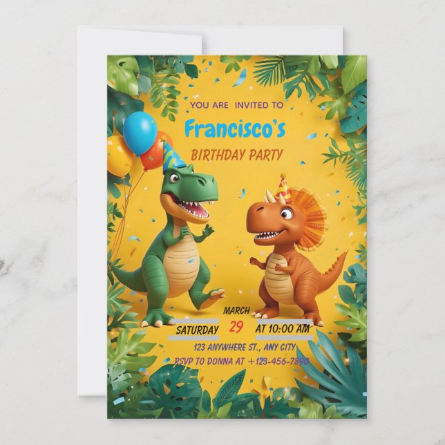 Convite de Aniversário de Dinossauro Roar-some – J (Frente)