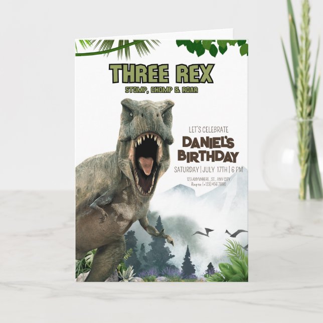 Convite de aniversário de dinossauro Três convites (Frente)