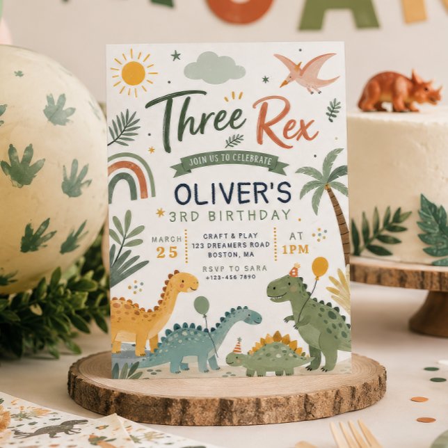 Convite de Aniversário de Dinossauro Três Rex Boys (Criador carregado)