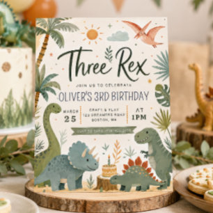Convite de Aniversário de Dinossauro Três Rex Boys