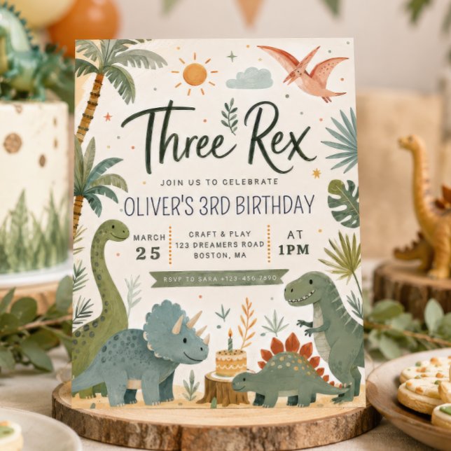 Convite de Aniversário de Dinossauro Três Rex Boys (Criador carregado)