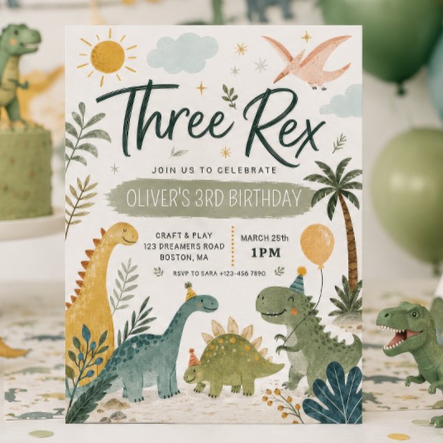 Convite de Aniversário de Dinossauro Três Rex Boys (Criador carregado)