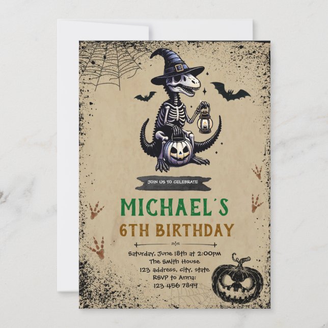 Convite de aniversário de dinossauros do Halloween (Frente)