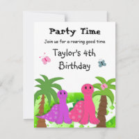 Convite de Aniversário de Dinossauros Rosa e Roxo