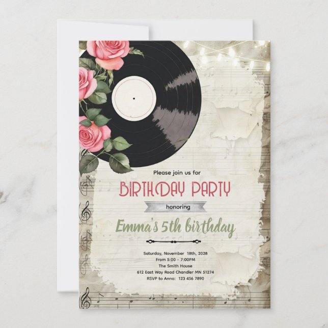 Convite de Aniversário de Disco de Vinil (Frente)