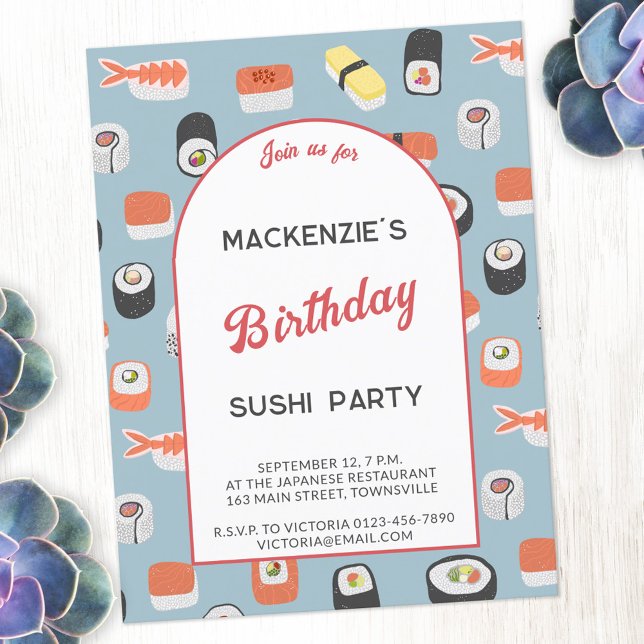 Convite de aniversário de Diversão Sushi (Fun Japanese sushi food art themed birthday party invitation with personalized custom text)