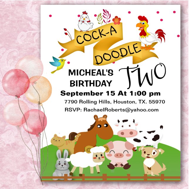 Convite de Aniversário de Dois Animais Cock-A-Dood (Criador carregado)
