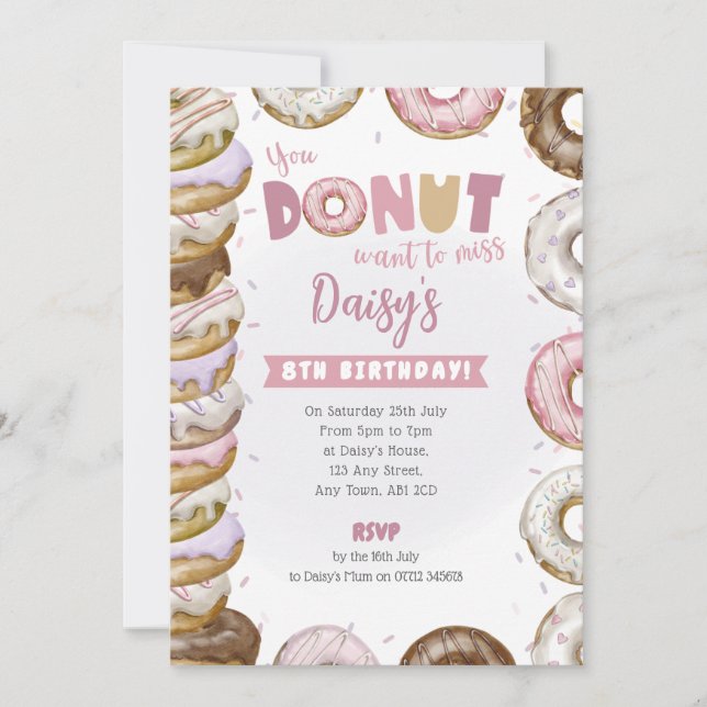 Convite de Aniversário de Donuts Empilhados Rosa e (Frente)