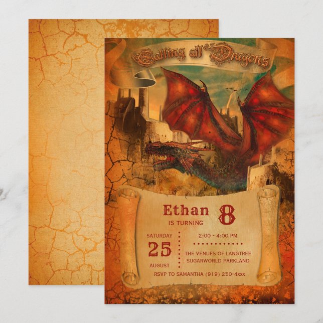 Convite de Aniversário de Dragão (Frente/Verso)