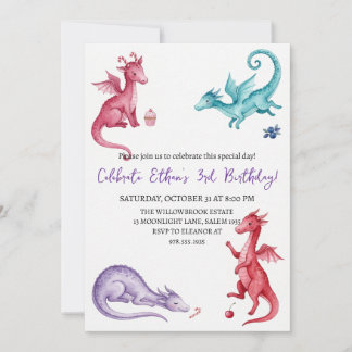 convite de aniversário de dragão aquarela