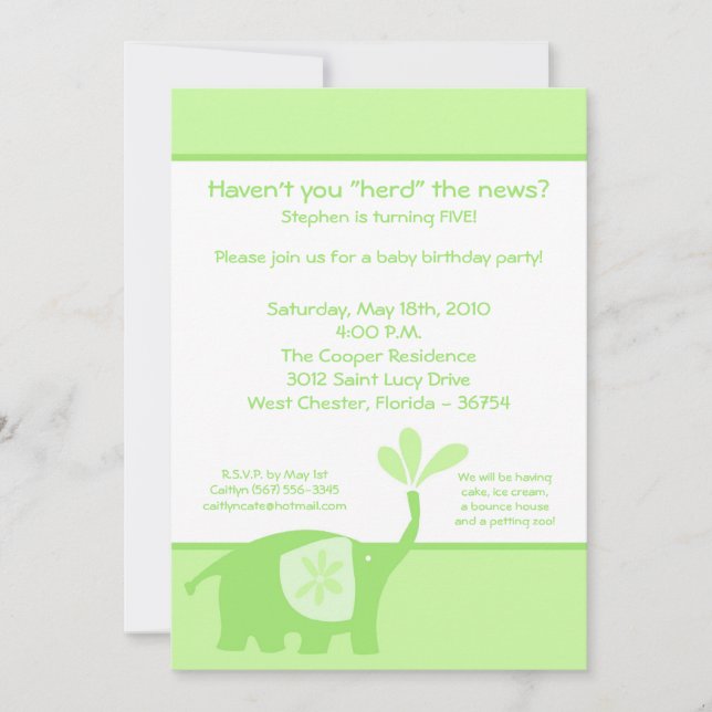 convite de aniversário de elefante verde e bonito  (Frente)