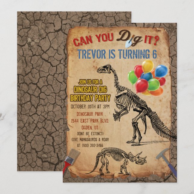 CONVITE DE ANIVERSÁRIO DE ESCAVAÇÃO DE DINOSSAUROS (Frente/Verso)