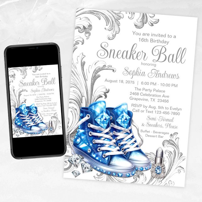 Convite de aniversário de esfera azul (Blue and Silver Sneaker Ball Invitation with Pretty Blue Diamond Sneakers, Diamonds and Swirls)