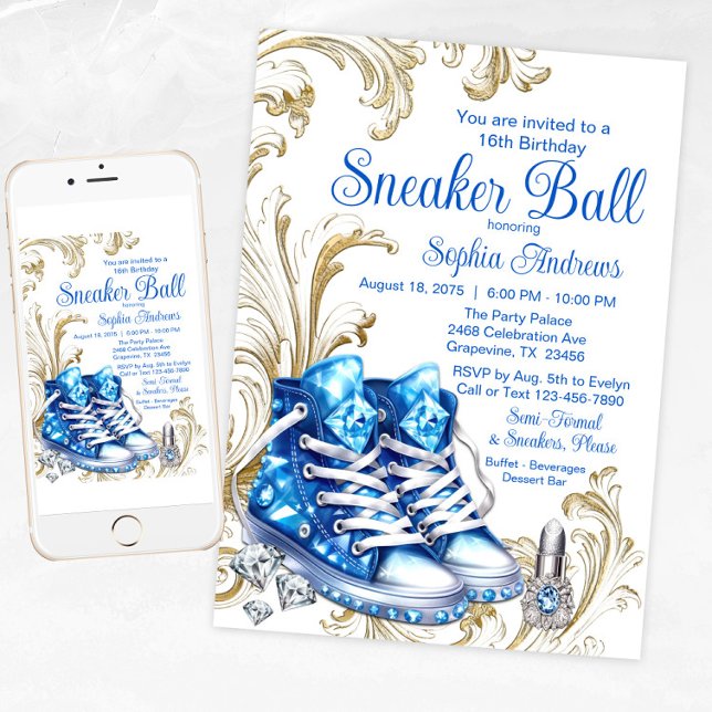Convite de aniversário de esfera Dourada azul (Girl Blue Gold Sneaker Ball Invitation with diamond sneakers.)