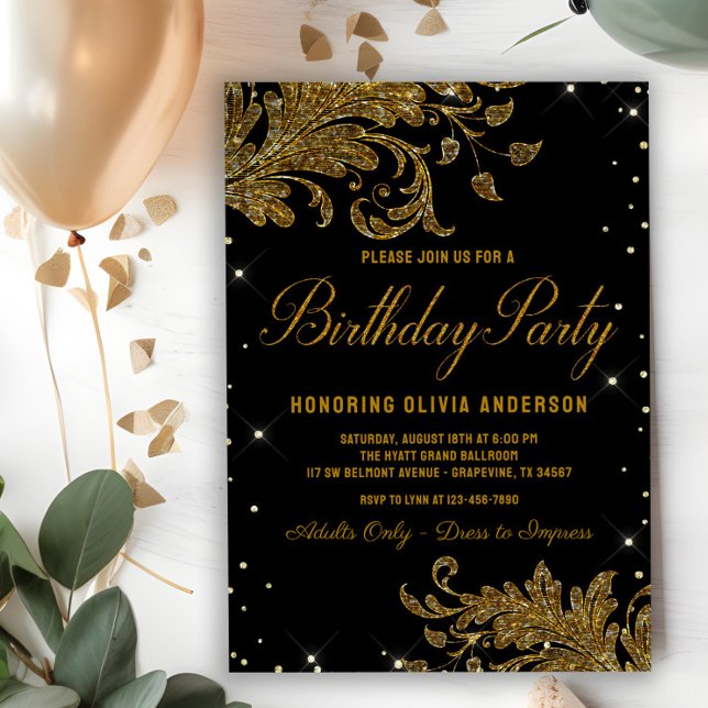 Convite de aniversário de espiral Dourada preto (Elegant black and gold any number birthday party invitation. Simply add your event details.)