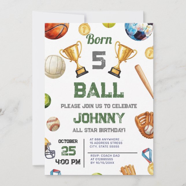 Convite de Aniversário de Esportes All Star Pessoa (Frente)