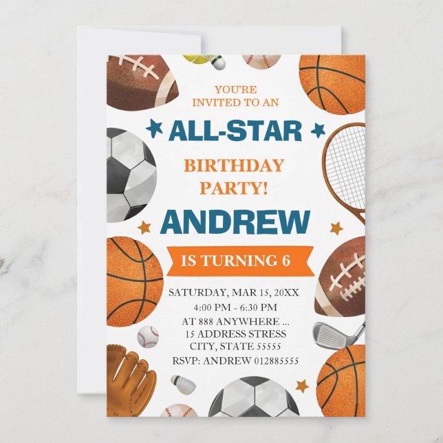 Convite de Aniversário de Esportes Todas as Estrel (Frente)