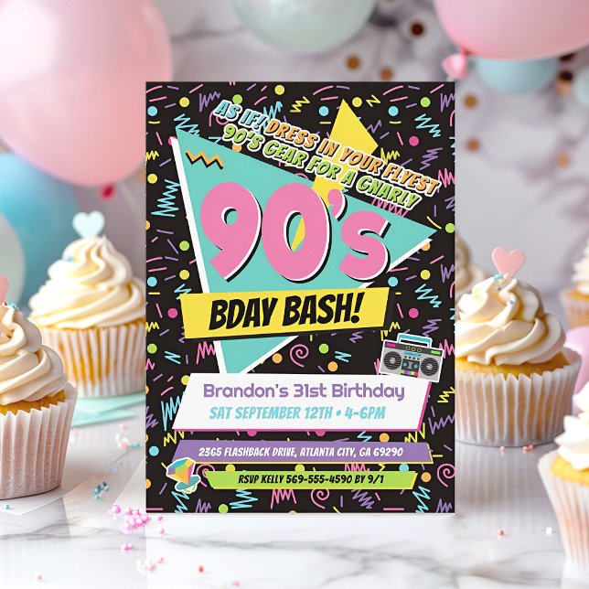Convite de aniversário de estilo Memphis 90s Rad (90s Retro Birthday Invitation)