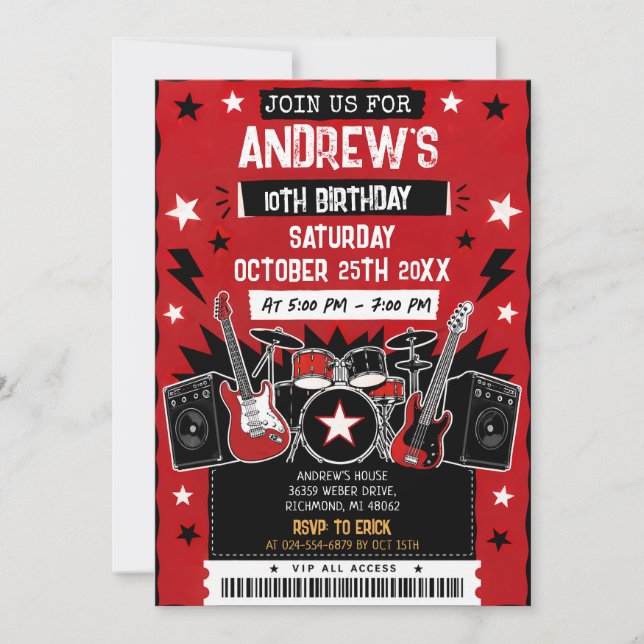 Convite de Aniversário de Estrela do Rock com Músi (Frente)