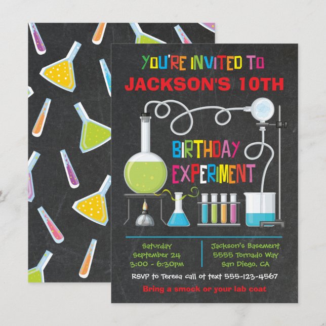 Convite de aniversário de Experiência do Science L (Frente/Verso)