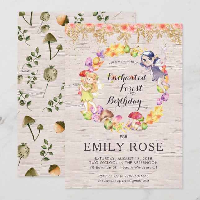 Convite de Aniversário de Fada de Floresta Encanta (Frente/Verso)