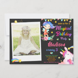 Convite de aniversário de Fada e Unicórnio com fot