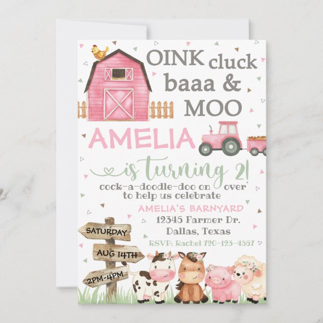 Convite de aniversário de fazenda, Oink Cluck Baa  (Frente)