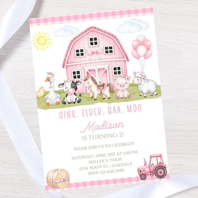 Convite de aniversário de fazenda rosa editável -  (Criador carregado)