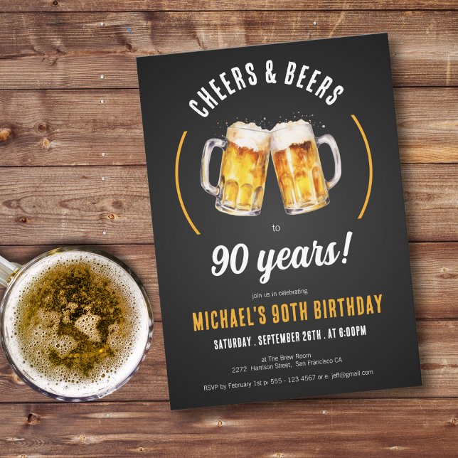 Convite de aniversário de felicidades e cervejas (Cheers and Beers 90th Birthday Party Invitation)